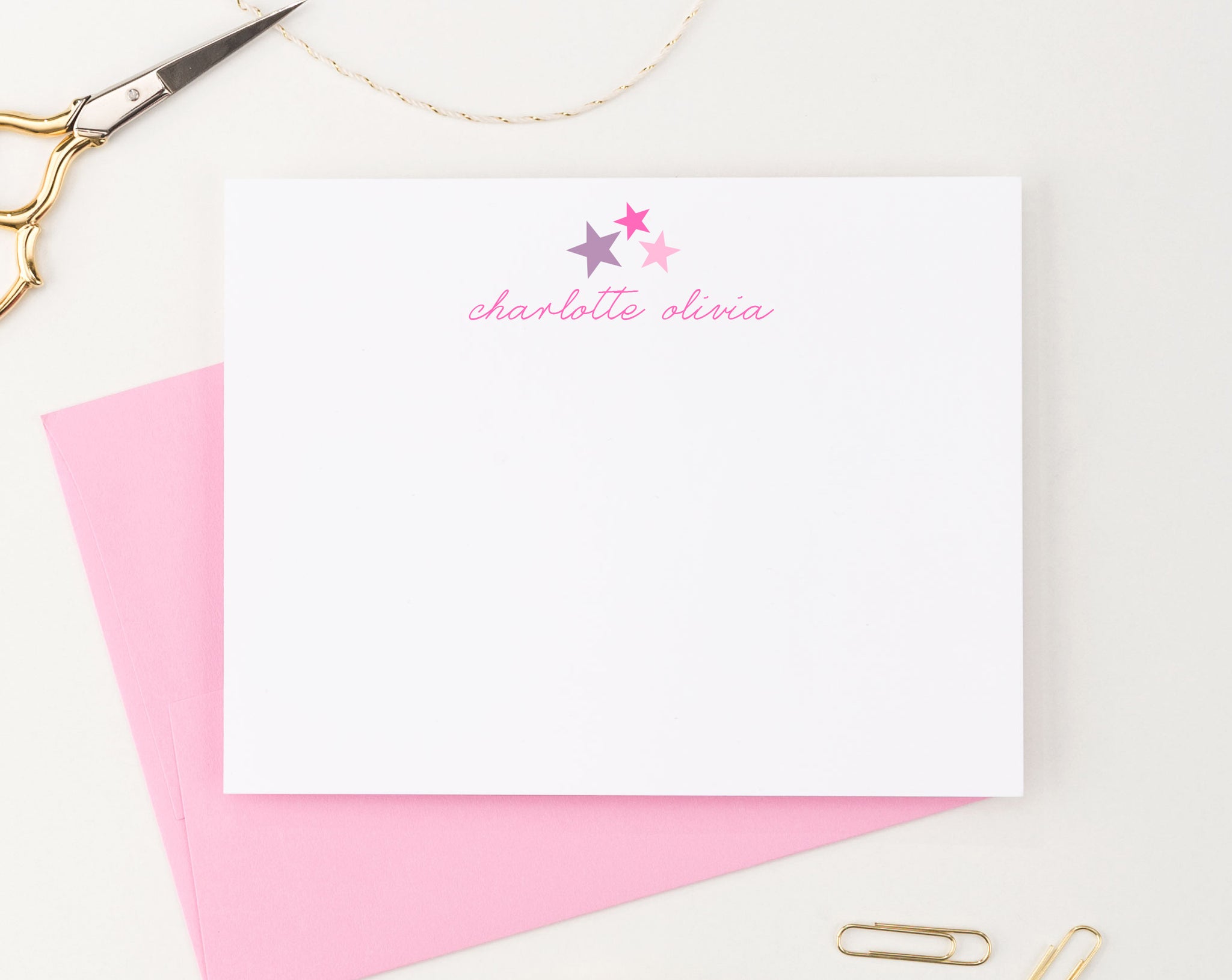 Stars Stationery Cards Personalized With Name - Modern Pink Paper